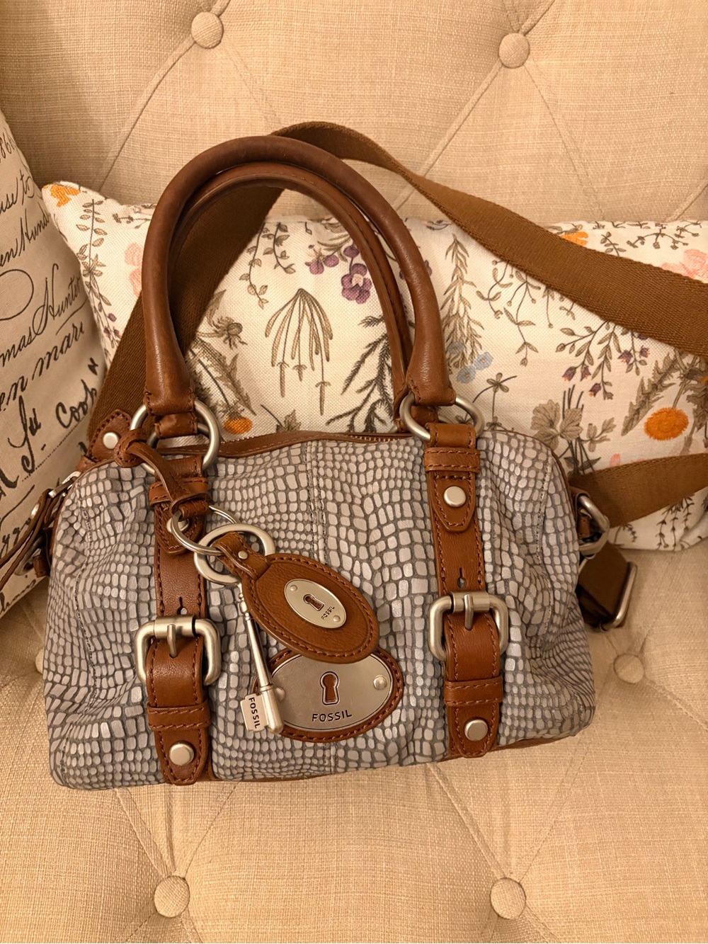 Fossil Gray Croc-Embossed Satchel with Brown Leather Trim
